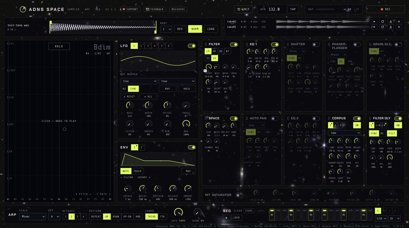 ADNS SPACE: the X-Y pad on the left, then the LFOs and envelopes, then the effect strips with the saturator below them, and the arpeggiator and 64-step sequencer along the bottom.